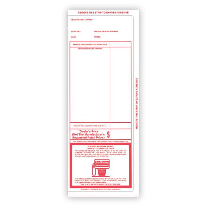 Imprinted Stock Addendum Stickers (Adhesive) Sales Department Independent Automobile Dealers Association of California Red