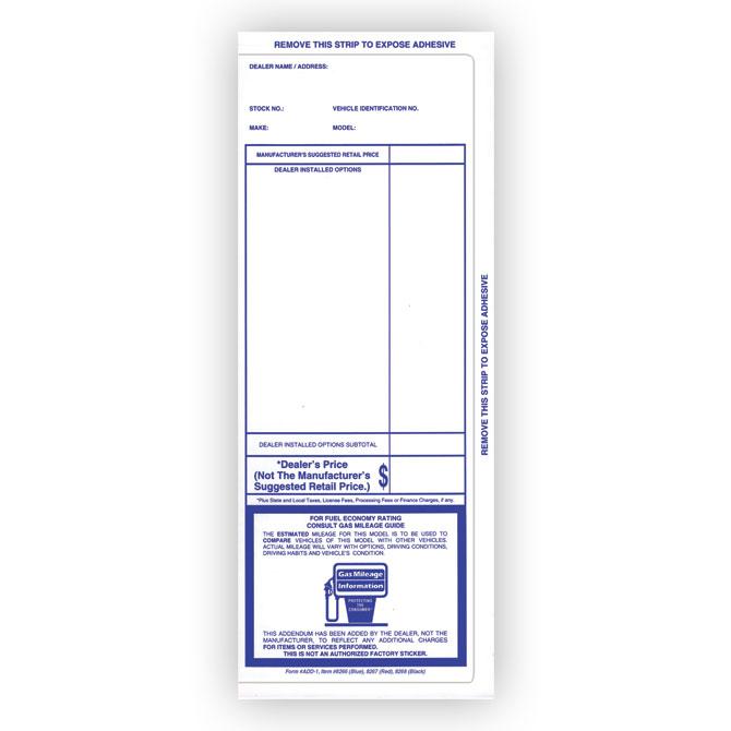 Imprinted Stock Addendum Stickers (Adhesive) Sales Department Independent Automobile Dealers Association of California Blue