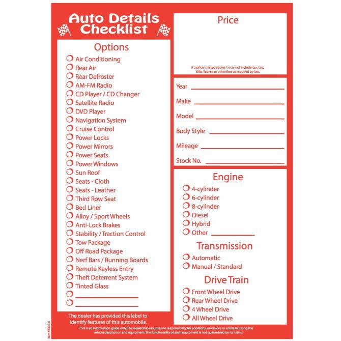 PEEL n SEAL™ Stock Laser Window Stickers - Red Checklist Sales Department Independent Automobile Dealers Association of California